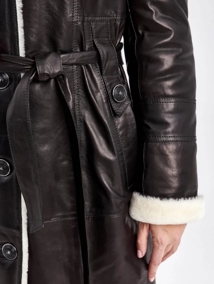 Кожаное пальто зимнее женское 392мех, с капюшоном, с поясом, черно-белое, размер 48, артикул 91840-6