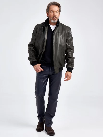 Кожаная куртка бомбер мужская премиум класса 521, оливковая, размер 50, артикул 29061-5