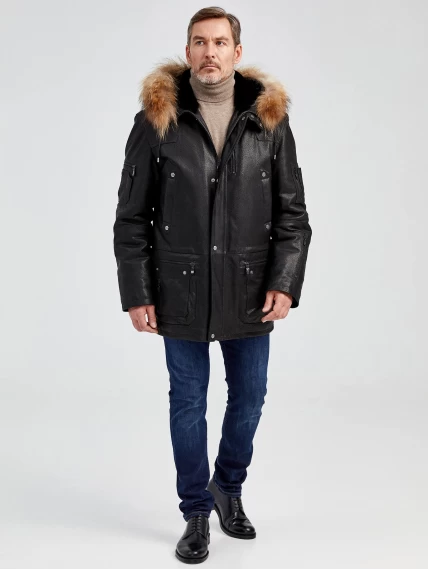 Утепленная мужская кожаная куртка аляска с мехом енота Алекс, черная DS, размер 52, артикул 40441-3