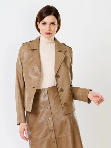 Короткий кожаный пиджак премиум класса для женщин 304, серо-коричневый, размер 44, артикул 23630-0
