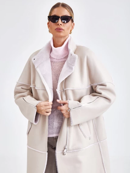 Молодежное женское пальто из натуральной овчины премиум класса 2029, бежевое, размер 50, артикул 63920-1