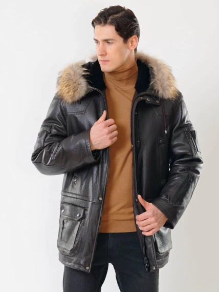 Утепленная мужская кожаная куртка аляска с мехом енота Алекс, коричневая, размер 52, артикул 40301-0