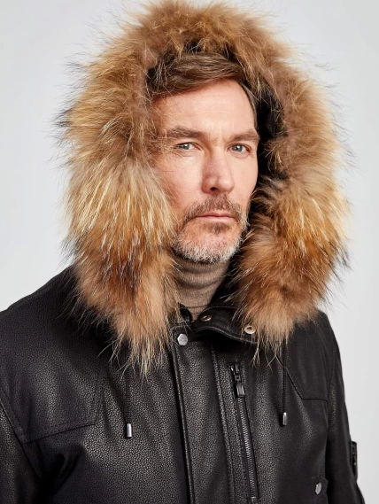Утепленная мужская кожаная куртка аляска с мехом енота Алекс, черная DS, размер 52, артикул 40441-2