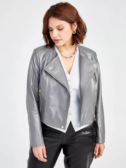 Кожаный комплект женский: Куртка 389 + Брюки 03, серый/черный, размер 42, артикул 111116-2