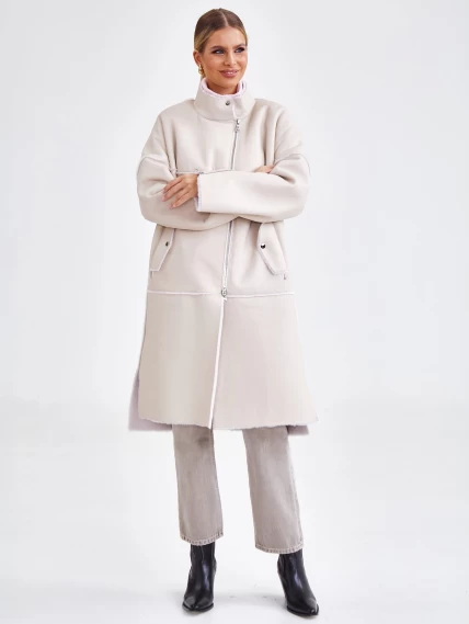 Молодежное женское пальто из натуральной овчины премиум класса 2029, бежевое, размер 50, артикул 63920-0