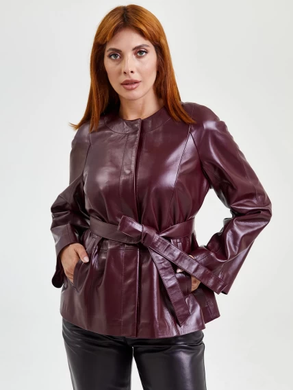 Кожаная женская куртка без воротника с поясом 3019, бордовая, размер 50, артикул 91700-6