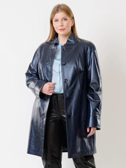 Кожаное пальто женское 378, синий перламутр, размер 48, артикул 91272-0