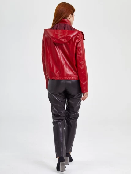 Кожаная женская куртка бомбер с капюшоном 305, красная, размер 48, артикул 91741-4