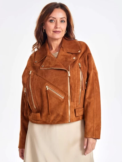 Замшевая короткая куртка косуха для женщин премиум класса 3051з, виски, размер 44, артикул 23410-2