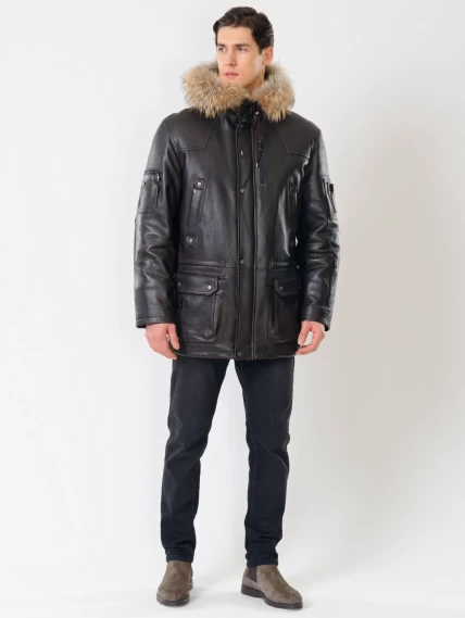 Утепленная мужская кожаная куртка аляска с мехом енота Алекс, коричневая, размер 52, артикул 40301-3