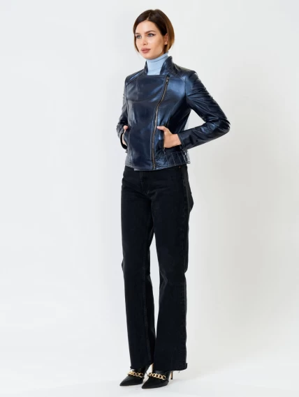 Кожаная куртка косуха женская 300, синий перламутр, размер 52, артикул 90991-3
