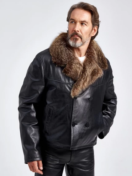 Зимняя двубортная мужская кожаная куртка с воротником меха енота Mafia/New, черная, размер 56, артикул 40810-3