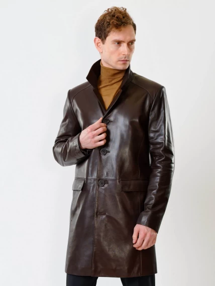 Удлиненный кожаный мужской пиджак премиум класса 539, коричневый, размер 48, артикул 29541-5