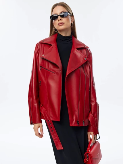 Кожаная женская куртка косуха с поясом 3013, красная, размер 48, артикул 91711-6