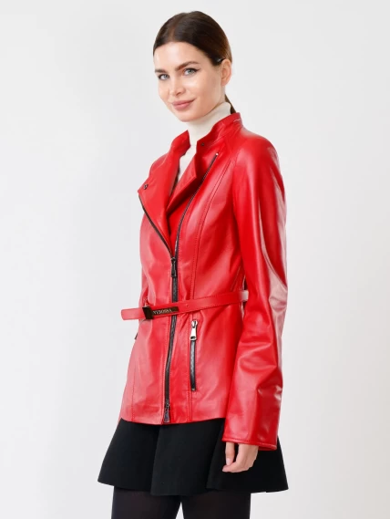 Женская кожаная куртка косуха поясом 320(нв), красная, размер 44, артикул 90731-6