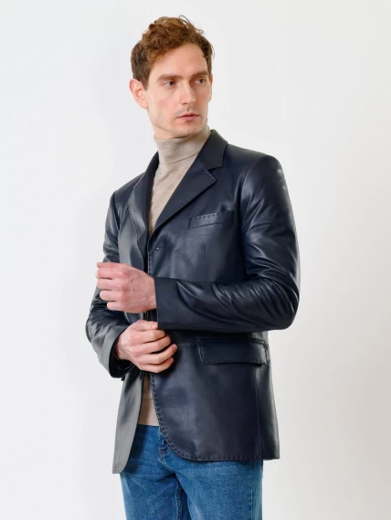 Мужской кожаный пиджак на ручном стежке премиум класса 543, синий, размер 48, артикул 28441-0