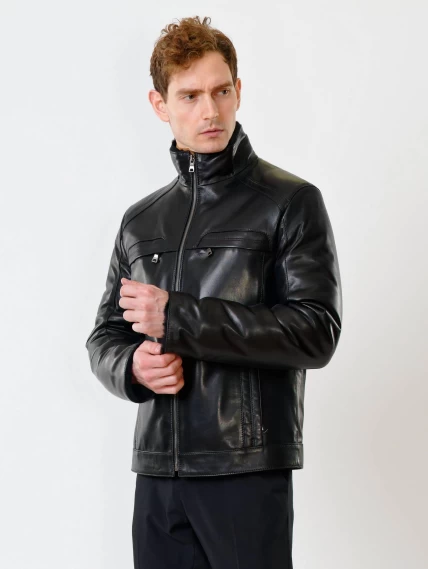 Кожаная зимняя мужская куртка на подстежке из овчины 516, черная, размер 46, артикул 40850-5