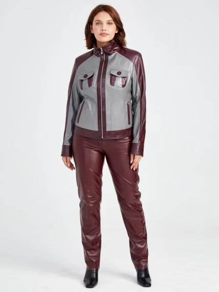 Кожаный комплект женский: Куртка 341 + Брюки 02, серый/бордовый, размер 42, артикул 111170-6