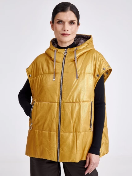 Утепленная женская кожаная куртка оверсайз с капюшоном премиум класса 3023, желтая, размер 44, артикул 23390-6