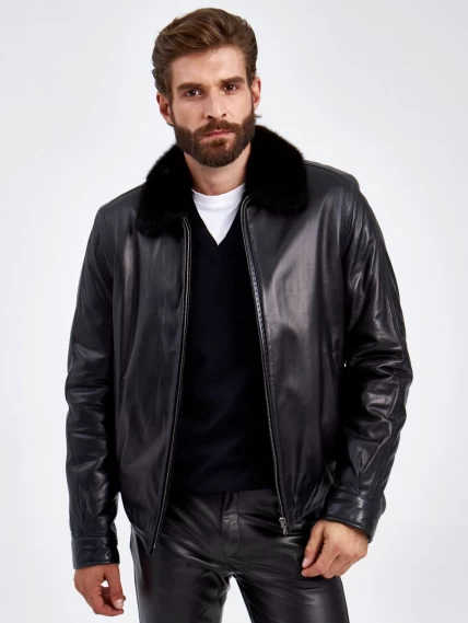 Кожаная зимняя мужская куртка на подкладке из овчины с воротником из меха норки 4634, черная, размер 48, артикул 29420-3