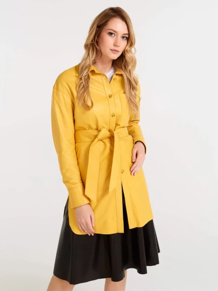 Кожаная женская рубашка с поясом из натуральной кожи 01, желтая, размер 44, артикул 90490-0