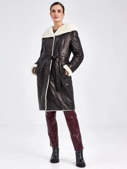 Кожаное пальто зимнее женское 392мех, с капюшоном, с поясом, черно-белое, размер 48, артикул 91840-5