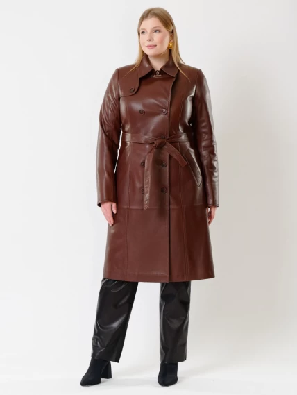 Кожаное двубортное женское пальто с поясом премиум класса 3003, ореховое, размер 48, артикул 63490-3