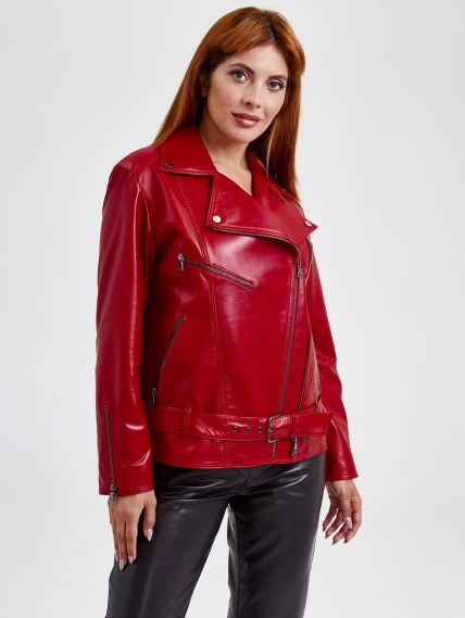 Кожаная женская куртка косуха с поясом 3013, красная, размер 48, артикул 91710-0