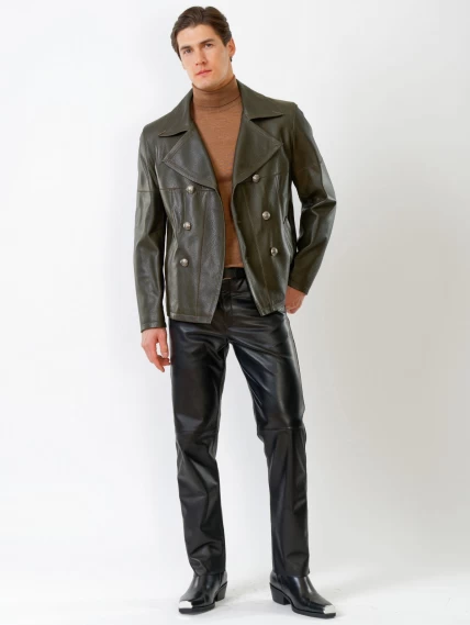 Кожаный комплект мужской: Куртка Клуб + Брюки 01, оливковый/черный, размер 48, артикул 140200-0