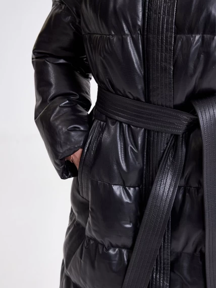 Стеганное кожаное пальто с капюшоном премиум класса для женшин 3024, черное, размер 44, артикул 25420-4