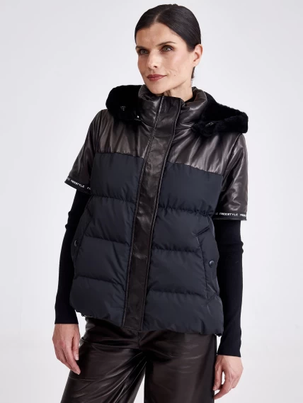 Комбинированная женская кожаная куртка с капюшоном 3030, черная, размер 44, артикул 23360-3