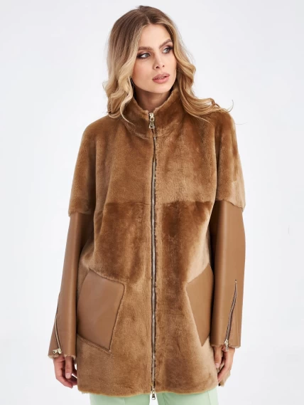 Молодежная женская куртка из овчины премиум класса 2035, коричневая, размер 46, артикул 63530-4