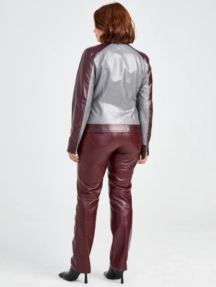 Кожаный комплект женский: Куртка 341 + Брюки 02, серый/бордовый, размер 42, артикул 111170-2