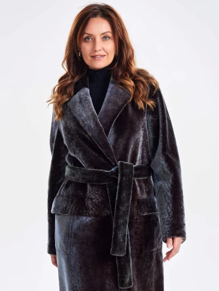 Длинное двустороннее женское пальто из астрагана с поясом премиум класса 2048, баклажановое, размер 48, артикул 63310-5