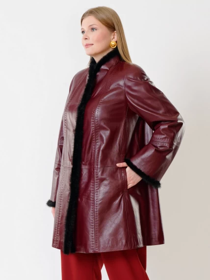 Утепленный женский кожаный плащ с норкой 312рс, бордовый, размер 50, артикул 23700-6