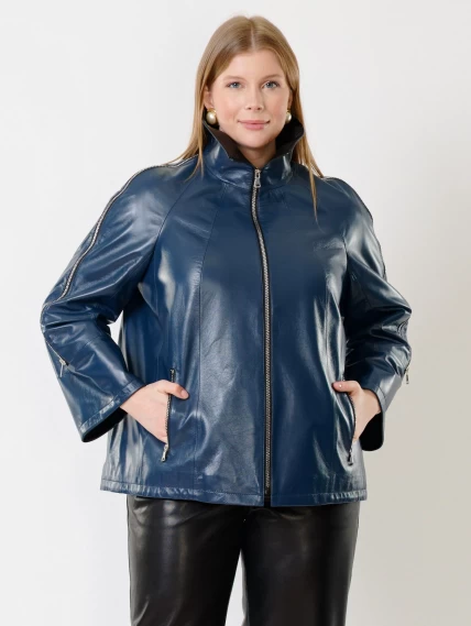Кожаная женская куртка оверсайз 385, синяя, размер 50, артикул 91341-1