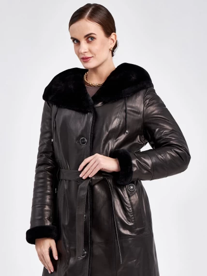 Кожаное пальто зимнее женское 392мех, с капюшоном, с поясом, черное, размер 48, артикул 91850-4