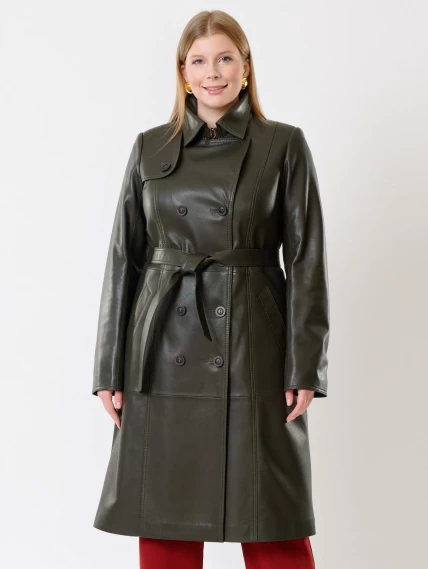 Кожаное двубортное женское пальто с поясом премиум класса 3003, оливковое, размер 48, артикул 63480-3