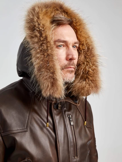 Утепленная мужская кожаная куртка аляска с мехом енота Алекс, светло-коричневая, размер 44, артикул 40451-2