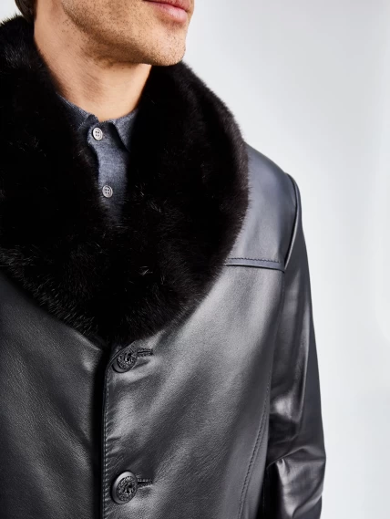 Мужская зимняя кожаная куртка с норковым воротником премиум класса 534мех, черная, размер 50, артикул 40280-4
