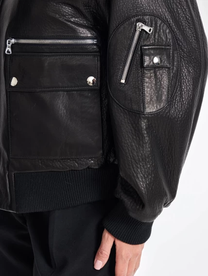Короткая женская кожаная куртка бомбер премиум класса 3064, черная, размер 44, артикул 23770-2