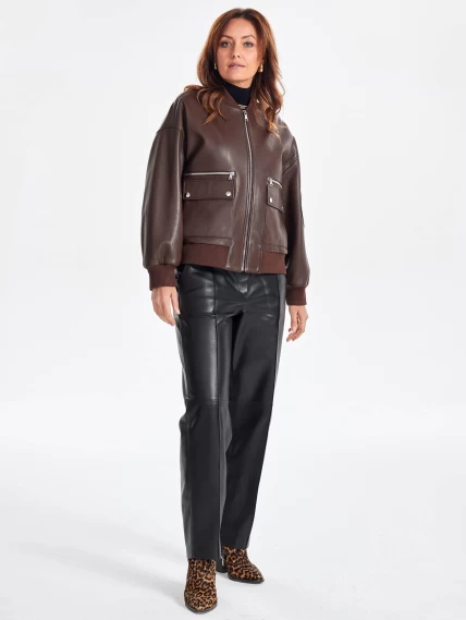 Короткая женская кожаная куртка бомбер премиум класса 3064, коричневая, размер 44, артикул 23760-4