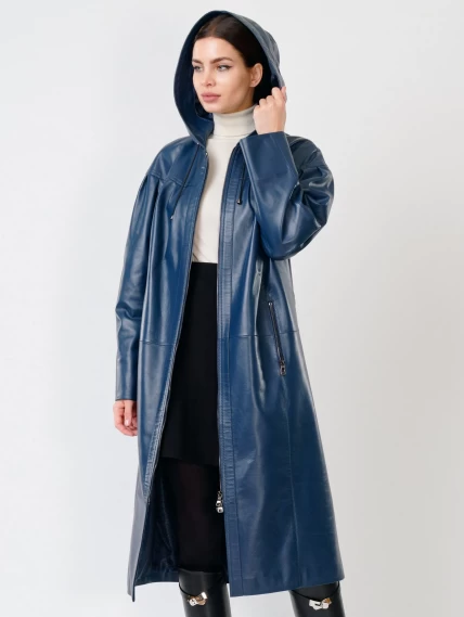 Кожаное женское пальто с капюшоном на молнии премиум класса 3009, синее, размер 50, артикул 25600-5