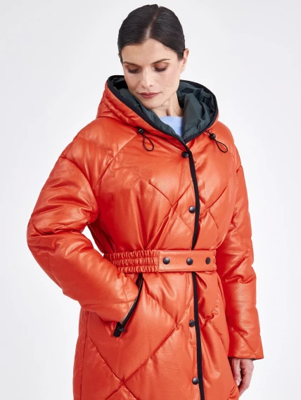 Кожаное женское стеганное пальто с капюшоном премиум класса 3026, оранжевое, размер 48, артикул 25410-1