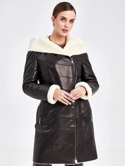 Кожаное пальто зимнее женское 391мех, с капюшоном, черно-белое, размер 46, артикул 91830-0