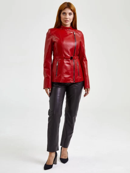 Женская кожаная куртка косуха поясом 320(нв), красная, размер 44, артикул 90620-5