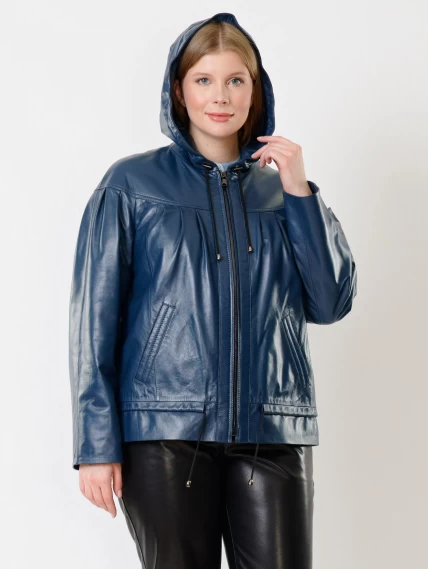 Кожаная женская куртка с капюшоном 303, синяя, размер 54, артикул 91190-6