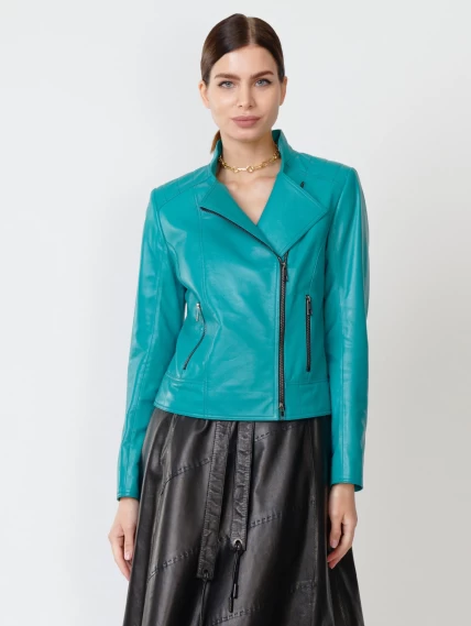 Кожаный комплект женский: Куртка 300 + Юбка 01рс, бирюзовый/черный, размер 44, артикул 111172-4