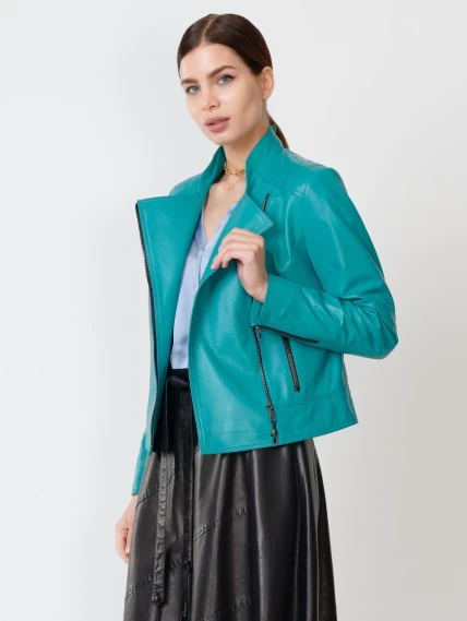 Кожаный комплект женский: Куртка 300 + Юбка 01рс, бирюзовый/черный, размер 44, артикул 111172-5