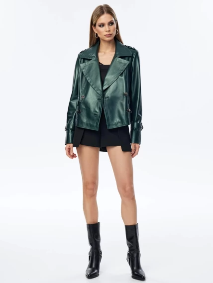 Двубортный кожаный женский пиджак 3014, зеленый, размер 48, артикул 91730-1